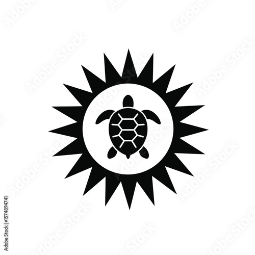 Black silhouette of a turtle inside a sunburst on white
