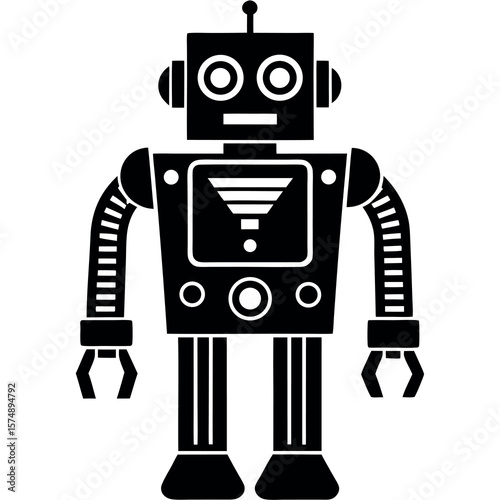 Retro black and white vintage robot with screen and claw hands