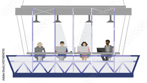 Illustration of four people working in separate cubicles on a suspended platform with lighting above