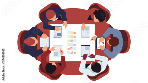 Aerial view of a business meeting with six people around a table with documents and electronic devices
