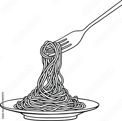 black and white hand-drawn spaghetti plate with fork — minimalist pasta icon for culinary, dining, and lifestyle themes