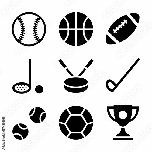 Sports icon sheet of black and white balls and trophy illustrations