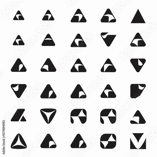 Grid of black and white triangle icons with varied angles and styles – Suitable for math education tools, abstract designs, or vector resources.
