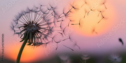 Close-Up of Dandelion Releasing Seeds Against Vibrant Sunset Sky in Serene Atmosphere

