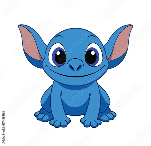 Adorable Blue Alien Creature with Big Eyes and Pointed Ears Cartoon Illustration Rendered on a White Background