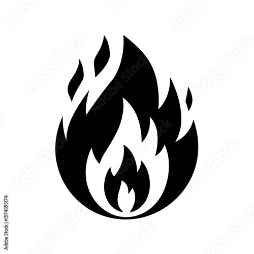 Black and white vector illustration of fire with flame and smoke