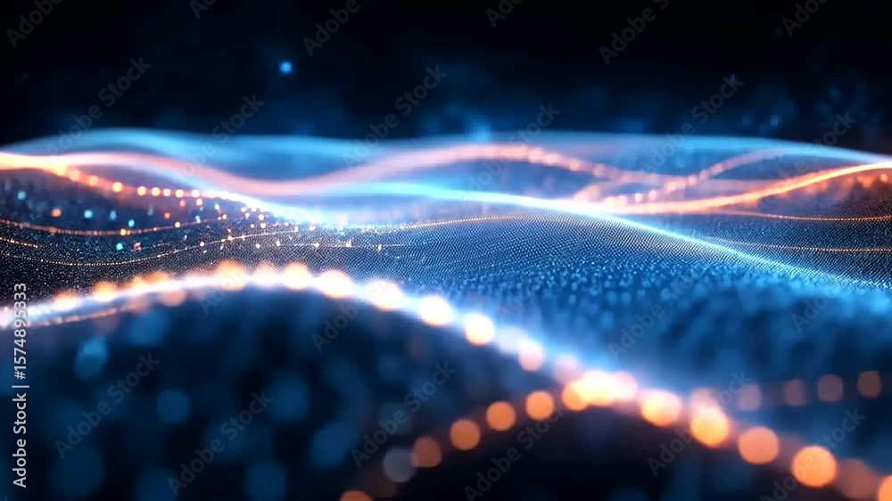Abstract digital wave background with flowing particles and light trails visual effect