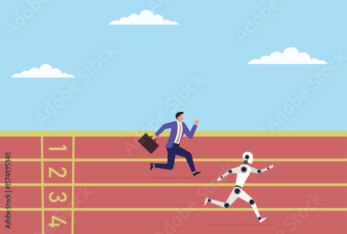 Vector illustration of a robot and businessman competing in a race on a track, symbolizing the rivalry between ai and human intelligence in the race for innovation and success
