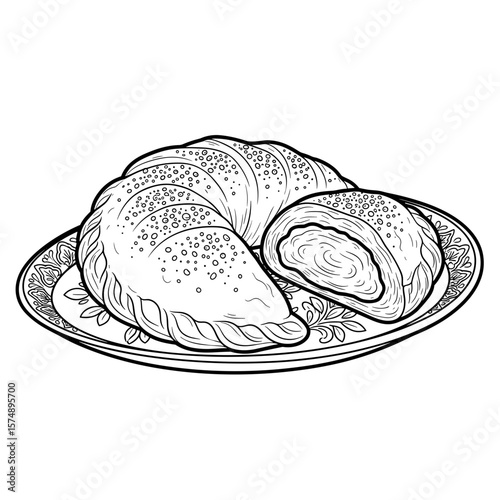 Plate of freshly baked pastry with a cut piece showcasing culinary craftsmanship and homemade goodness in a detailed line art style