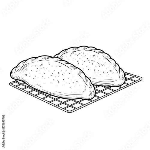 Freshly baked pies on a cooling rack showcasing homemade baking and culinary artistry in a detailed line art style