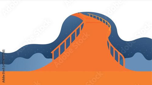 Illustration of an orange bridge with blue railings crossing over a blue wavy landscape background design
