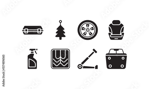 Black Car Accessories Icons Vector Illustration on White Background