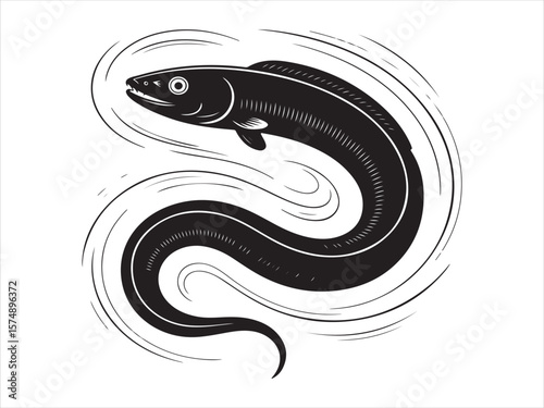 Stylized black silhouette of an eel swimming in swirling water