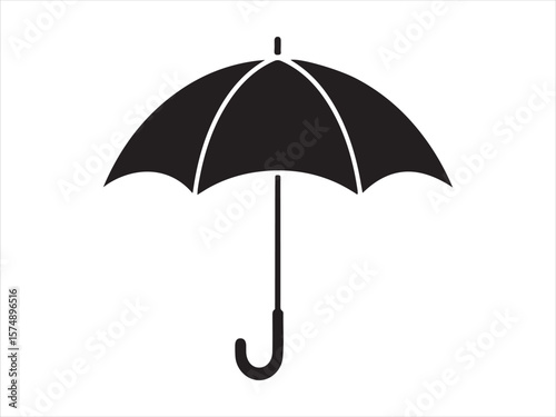 Simple black silhouette of an open umbrella on a white background