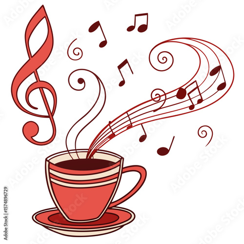 Coffee cup with musical notes swirling in a whimsical design  