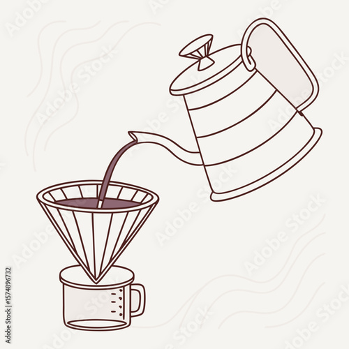 Coffee brewing process with kettle pouring into filter cup  