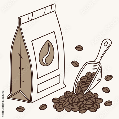 Coffee bag with beans and scoop in minimalist style  