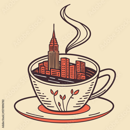City skyline in coffee cup with steam and floral design  