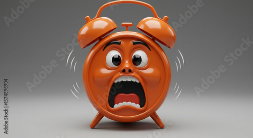 Orange alarm clock with facial expression showing fear and panic  