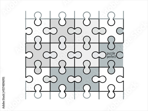 Interlocking puzzle pieces forming a grid with shaded sections and text
