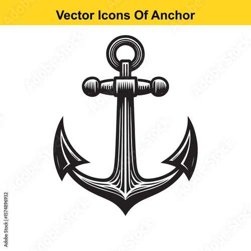 Classic Nautical Anchor with Rope and Banner – Black and White Line Art

