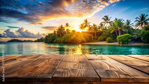 Rustic Wooden Table with Blurred Tropical Lagoon, Sunrise, Serene Beach Photography