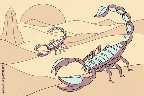 Illustration of two scorpions in a desert landscape with a crystal and rising sun at dusk hour