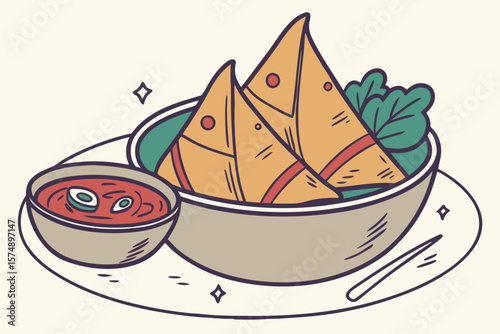 Illustration of samosas served in a bowl with chutney on a plate with a fork and sparkles