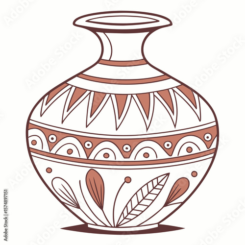 Illustration of a decorative vase with brown geometric and floral patterns on a white background