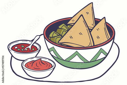 Illustration of a bowl of nachos with guacamole and two bowls of different types of salsa