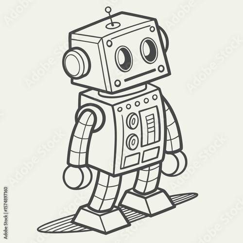 Illustration of a simple line art robot with a square head and body standing on a shadow shape