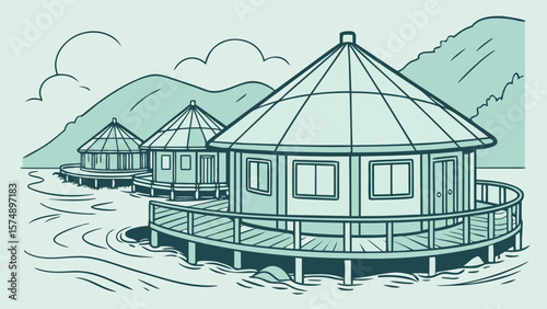 Illustration of three overwater bungalows with mountains and clouds in the background scenery