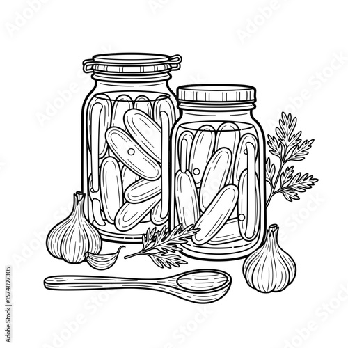 Two jars of pickles with garlic and herbs in black and white illustration, detailed drawing, kitchen setting