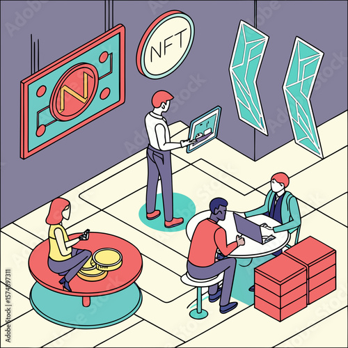 Isometric illustration of people discussing nft and cryptocurrency in an office setting scene