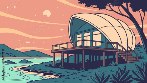 Illustration of a modern cabin with a deck overlooking a lake at dusk with stars in the sky
