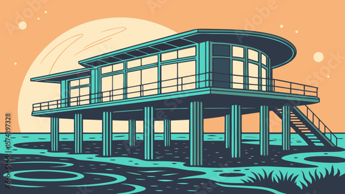 Illustration of a retro futuristic house on stilts with a large moon in the background sky