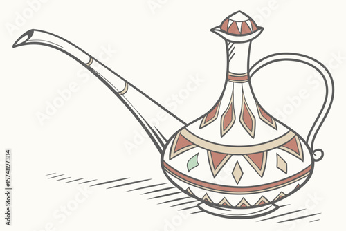 Illustration of a decorative pitcher with a long spout and geometric patterns on its body design