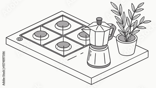 Isometric view of moka pot on stove top with plant in pot next to it in a kitchen setting