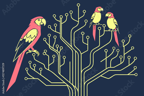 Three parrots perched on a circuit board tree against a dark blue background in vector style