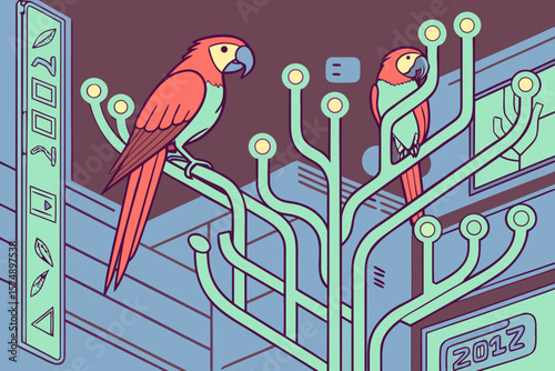 Two parrots perched on a circuit board tree with a futuristic cityscape background design art