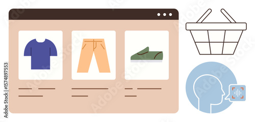 Web interface displaying apparel choices, shopping basket, and voice interaction icon. Ideal for e-commerce, retail, innovation, technology, voice command, convenience and digital transformation