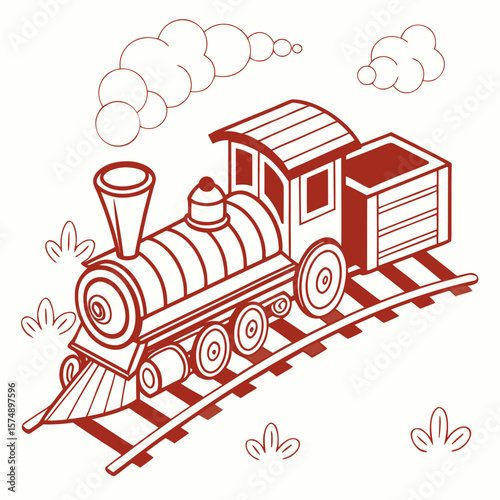 Illustration of a red outline cartoon steam train on tracks with smoke and foliage in the background