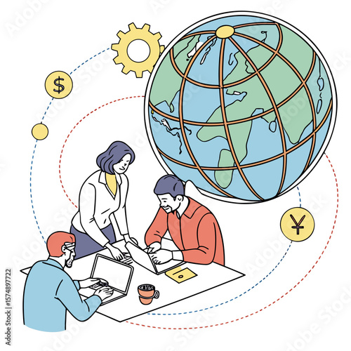 Team collaboration around a table with laptops and a globe symbolizing global business reach and success