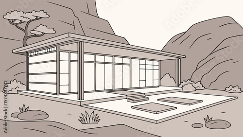 Illustration of a modern house with large windows and a flat roof in a mountainous landscape setting