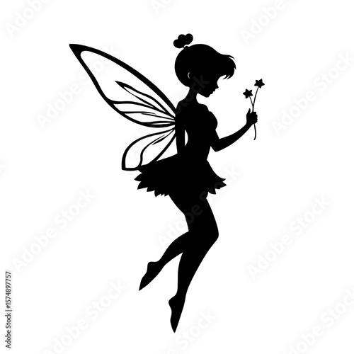 silhouette of flying fairy holding magic wand with stars on transparent background