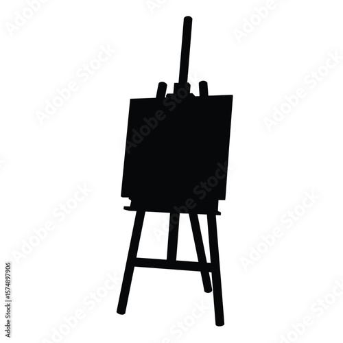 Black silhouette of an easel with artwork on white background