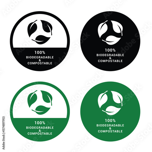 100 biodegradable product insignia for packaging. Compostable eco safe recyclable stamp. Eco friendly biodegradable certification badge. 100 percent recyclable eco label. Vector illustration