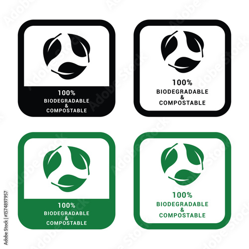 100 biodegradable product insignia for packaging. Compostable eco safe recyclable stamp. Eco friendly biodegradable certification badge. 100 percent recyclable eco label. Vector illustration