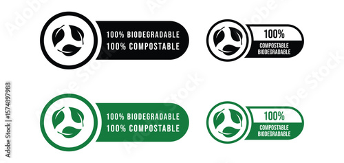 100 biodegradable product insignia for packaging. Compostable eco safe recyclable stamp. Eco friendly biodegradable certification badge. 100 percent recyclable eco label. Vector illustration