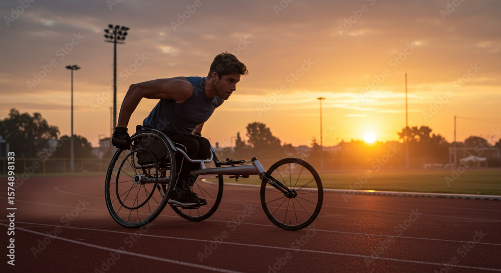 Fototapeta premium Young man racing in wheelchair on outdoor track during sunset 